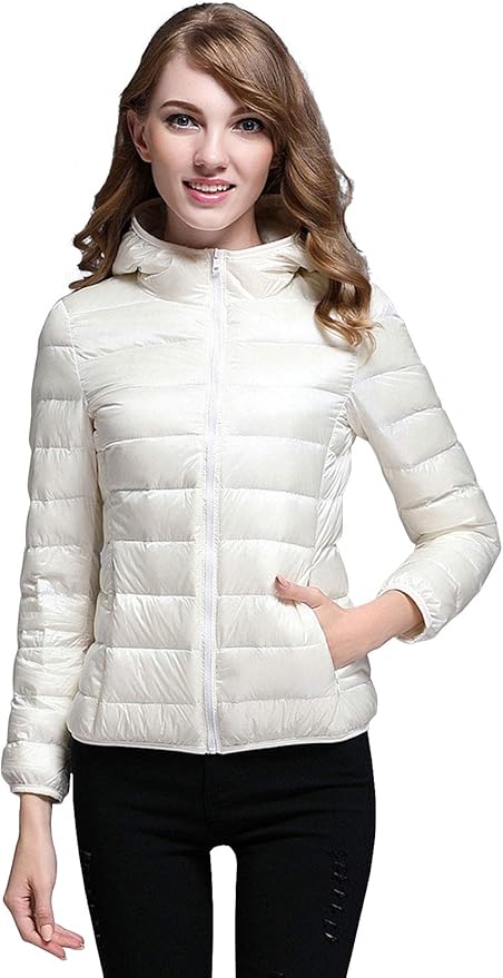 Lichte winterdonsjas met capuchon voor dames wit en zwart - opvouwbare donsjas - Bakkermode.nl