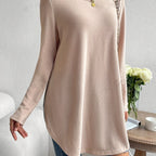 Lichtbeige lange mouwen top - casual dames t-shirt met gebogen zoom
