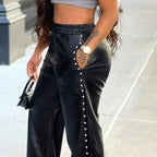 Faux leren broek - stijlvolle zwarte damesbroek met parel details