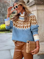 Gezellige fair isle hoge nek trui - blauwe gebreide jumper voor dames - Bakkermode.nl