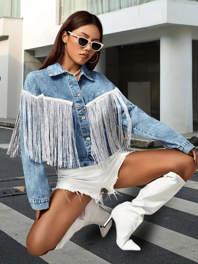 Denim jacket - trendy blauwe damesjacket met franjes