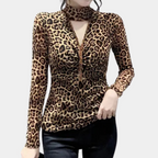 Leopardprint blouse - trendy bruin dames top met lange mouwen