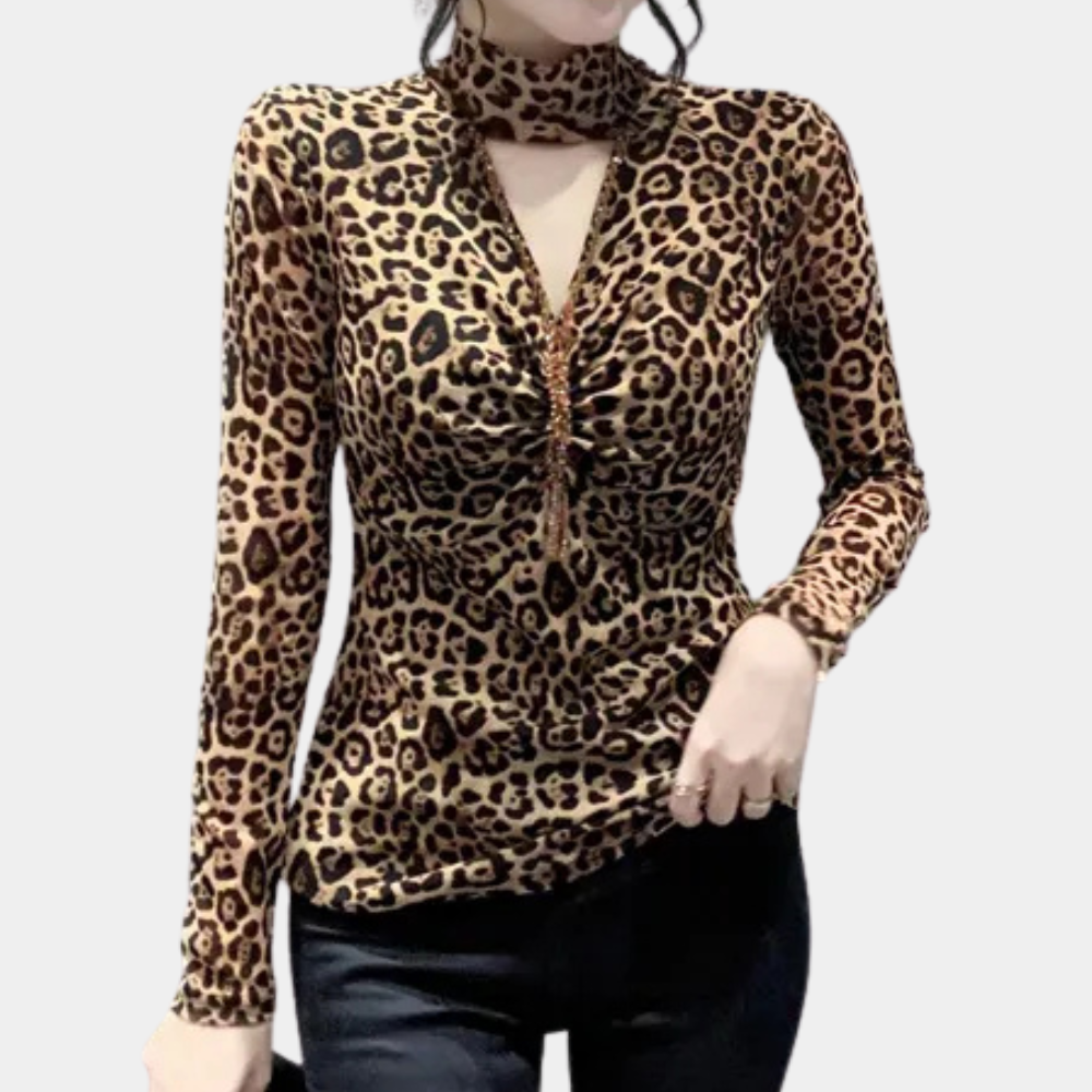 Leopardprint blouse - trendy bruin dames top met lange mouwen