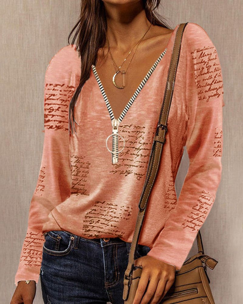 Dames v-hals blouse met ritsdetail - casual lange mouwen top