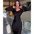 Dames satijnen maxi jurk - elegante avondkleding met lange mouwen voor speciale gelegenheden