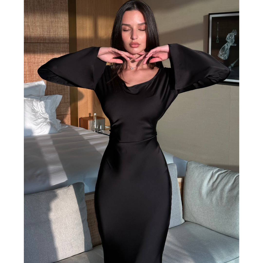 Dames satijnen maxi jurk - elegante avondkleding met lange mouwen voor speciale gelegenheden