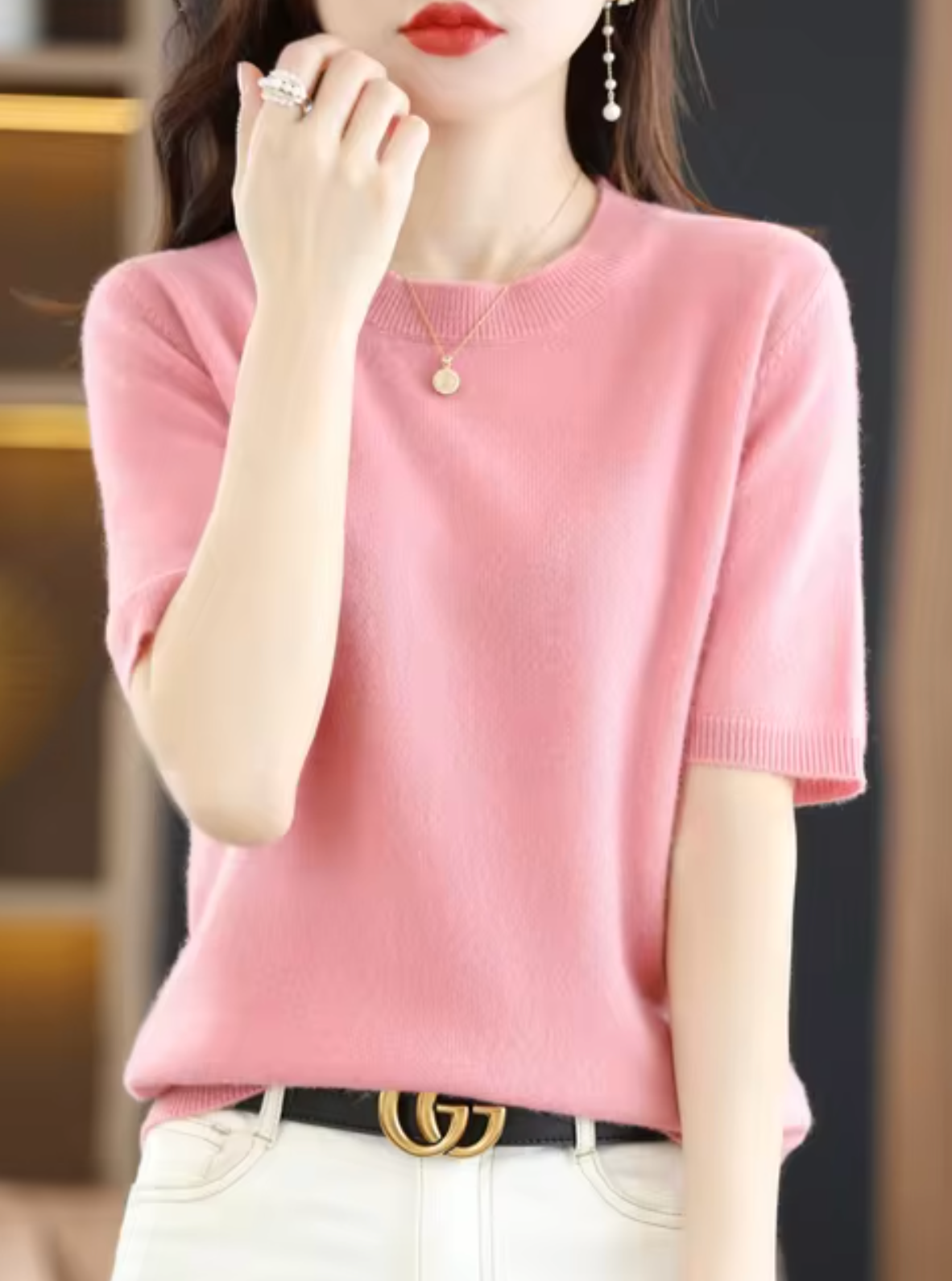 Gehaakte jumper - korte mouw wol en kasjmier blend top voor dames