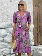 Zomerjurk voor dames in een lichte linnenmix - ontspannen v-hals ontwerp voor zomerse uitjes