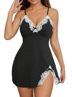 Dames nachtjurk met kant: elegante v-hals en een stijlvolle split