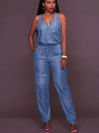 Denim jumpsuit met rits en elastische taille - stijlvolle dames playsuit