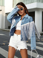 Denim jacket - trendy blauwe damesjacket met franjes