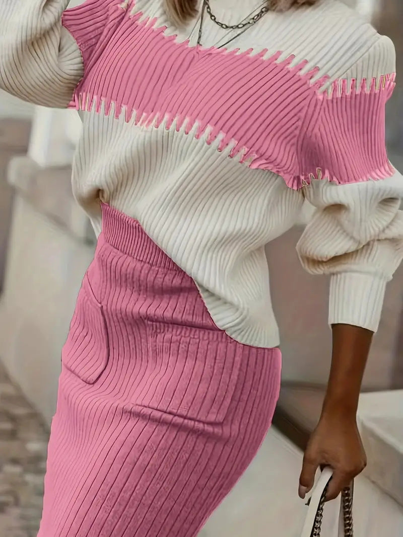 2-delige gebreide set - trui met lange mouwen en aansluitende midi-rok - Bakkermode.nl