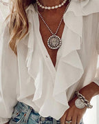 Dames florale ruffle blouse - elegante lange mouwen voor casual dagelijkse outfits