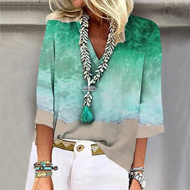 Ontspannen strandshirt - trendy damestop met golfdesign