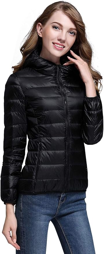 Lichte winterdonsjas met capuchon voor dames wit en zwart - opvouwbare donsjas - Bakkermode.nl