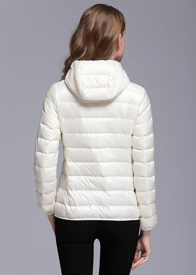 Lichte winterdonsjas met capuchon voor dames wit en zwart - opvouwbare donsjas - Bakkermode.nl