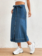 Denim midi rok - koningsblauwe damesrok met strikceintuur