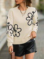 Dames casual sweater met bloemenborduurwerk - zachte brei jumper voor alledag