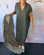 Leopardprint maxi jurk met v-hals - trendy damesjurk