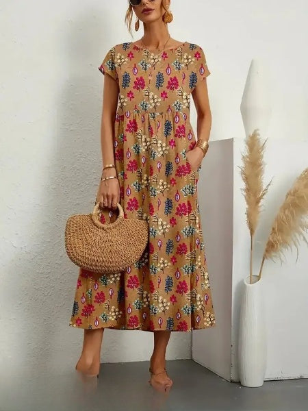 Bloemenprint maxi jurk voor dames - casual met elegante korte mouwen en handige zakken