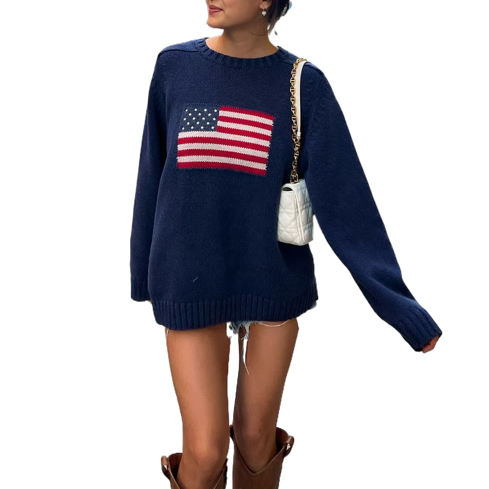 Gebreide trui met Amerikaanse vlag - casual blauw dames sweater - Bakkermode.nl