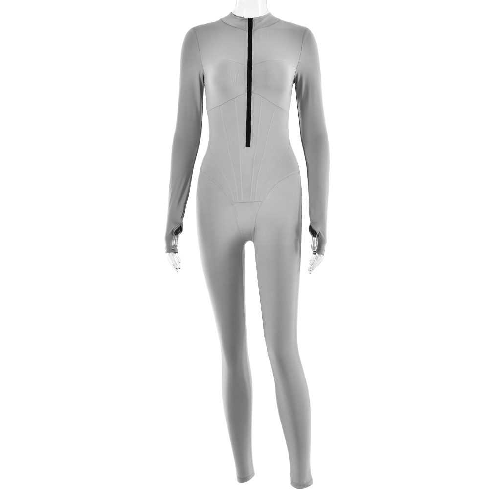 Dames jumpsuit met rits - strakke grijze bodysuit