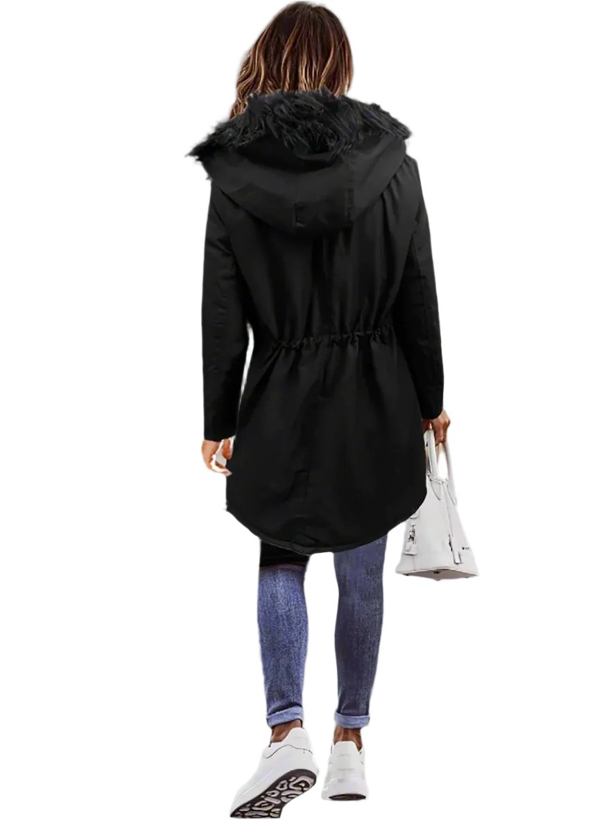 Zwarte bont winterjas voor dames - met capuchon en zakken - Bakkermode.nl