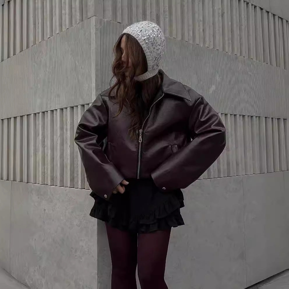 Leren damesjas met revers en rits - casual lange mouwen - Bakkermode.nl