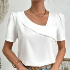 Dames asimmetrische korte mouwen top - trendy witte pofmouwen voor smart casual look