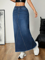 Dames blauwe denim maxi rok - relaxte casual stijl - lange lengte met elastische tailleband, voor dagelijks gebruik