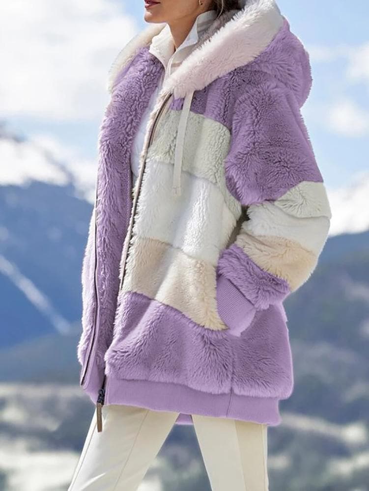 Oversized sherpa jas voor dames – gestreepte winterjas met ritssluiting - Bakkermode.nl