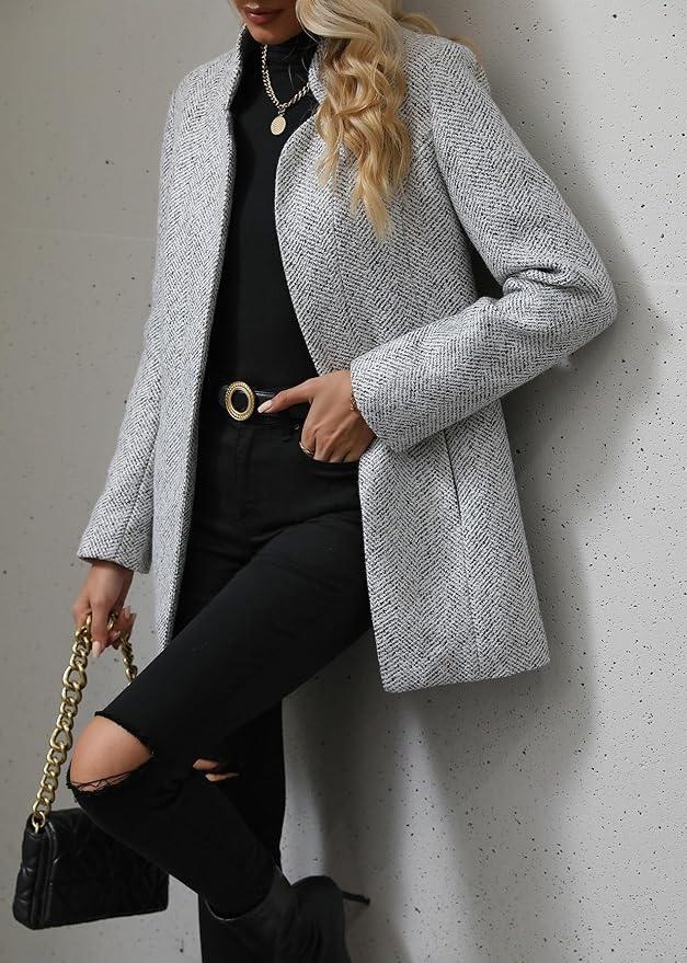 Grijze tweedjas met visgraatpatroon voor dames - casual en formele jas - Bakkermode.nl