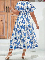 Floral jurk - elegante blauwe zomerjurk voor dames