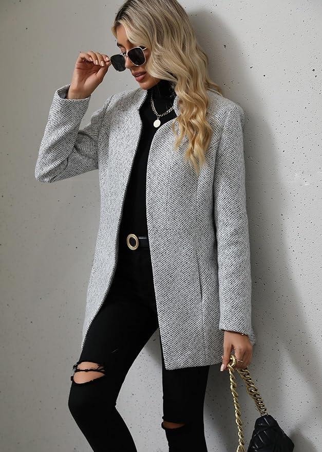 Grijze tweedjas met visgraatpatroon voor dames - casual en formele jas - Bakkermode.nl