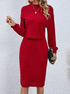2-delig vrouwen casual rib midi set - gezellige gebreide top en bodycon jurk voor dagelijks gebruik
