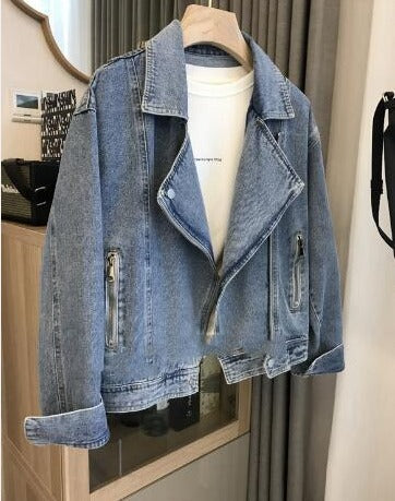 Denim jacket - trendy blauwe dames cropped bikerjack