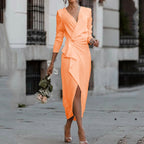 Vrouwen elegante oranje wikkel midi jurk - voor speciale gelegenheden