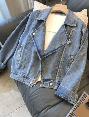 Denim jacket - trendy blauwe dames cropped bikerjack