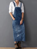 Dames verouderde denim tuinbroek jurk - cosy maxi stijl voor casual uitjes