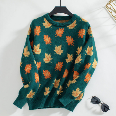 Gebreide sweater - damestrui met herfstbladpatroon - Bakkermode.nl