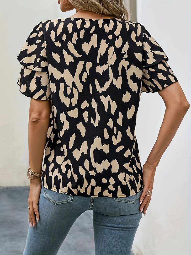 Dames tops met luipaardprint blouse met korte mouwen - chique casual zwarte outfit voor vrouwen