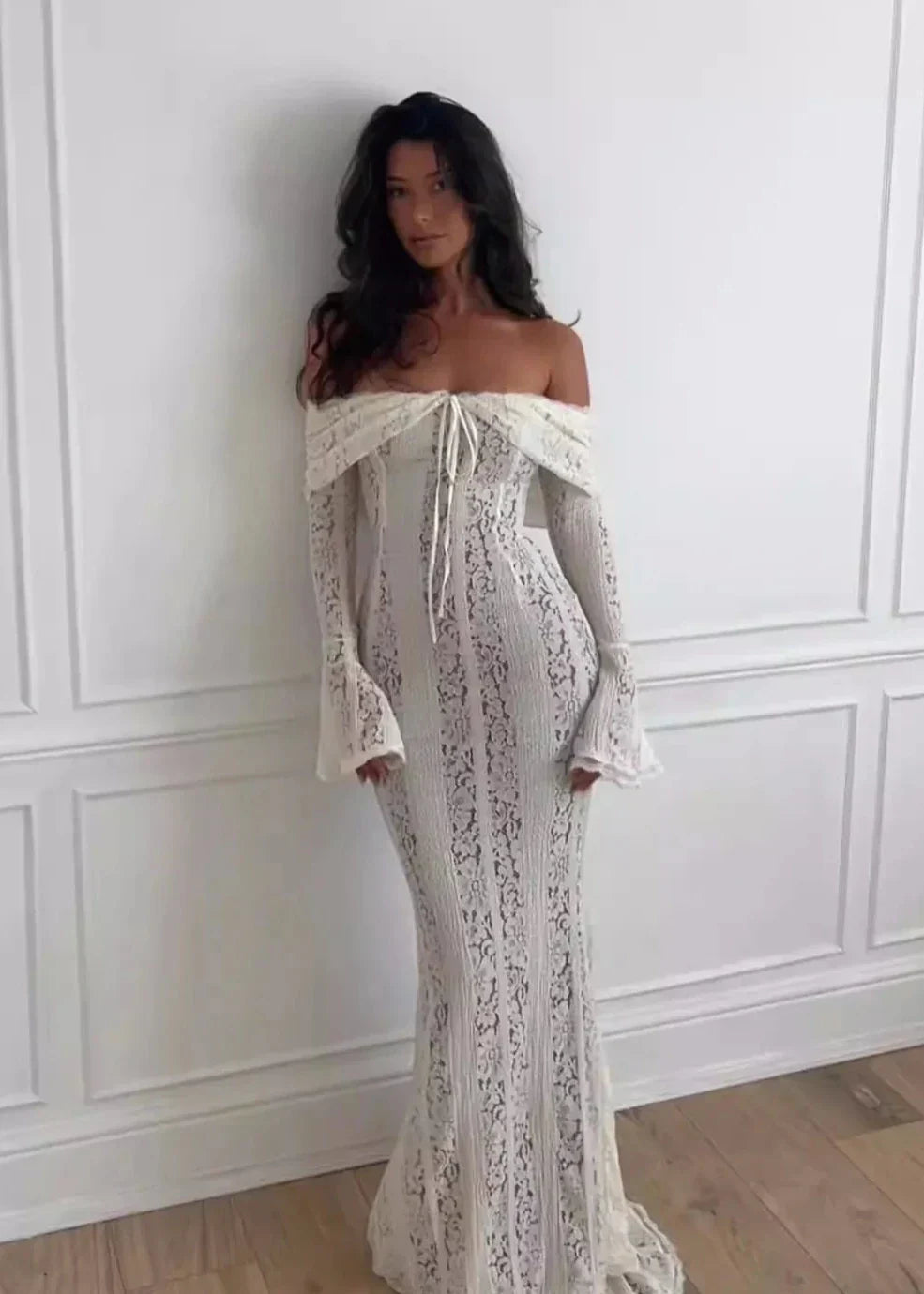 Off-shoulder kanten sheath jurk - charmant abrikoos damesjurk