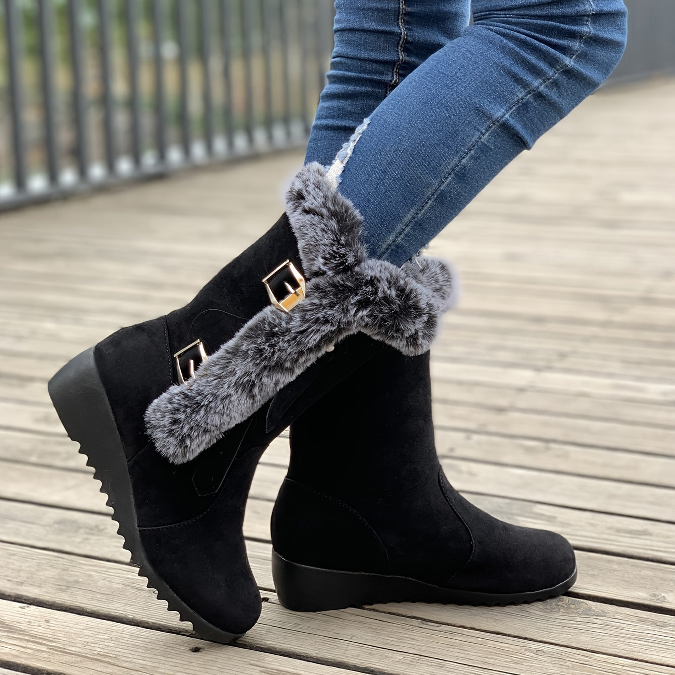 Faux fur gebochelde wedge boots - stijlvolle winterboots voor dames