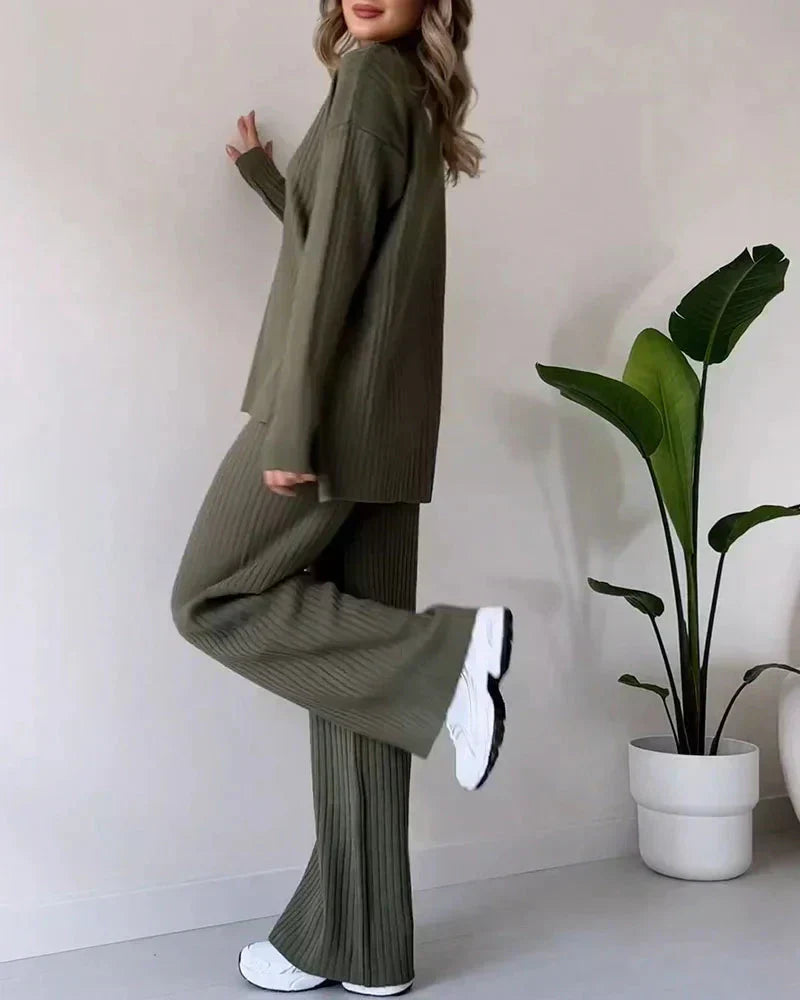 2-delige loungestijl - stijlvolle ribgebreide top en broek voor dames