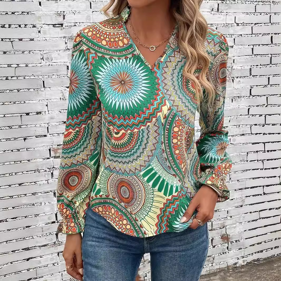 V-hals lange mouwen blouse - dames top met patroon