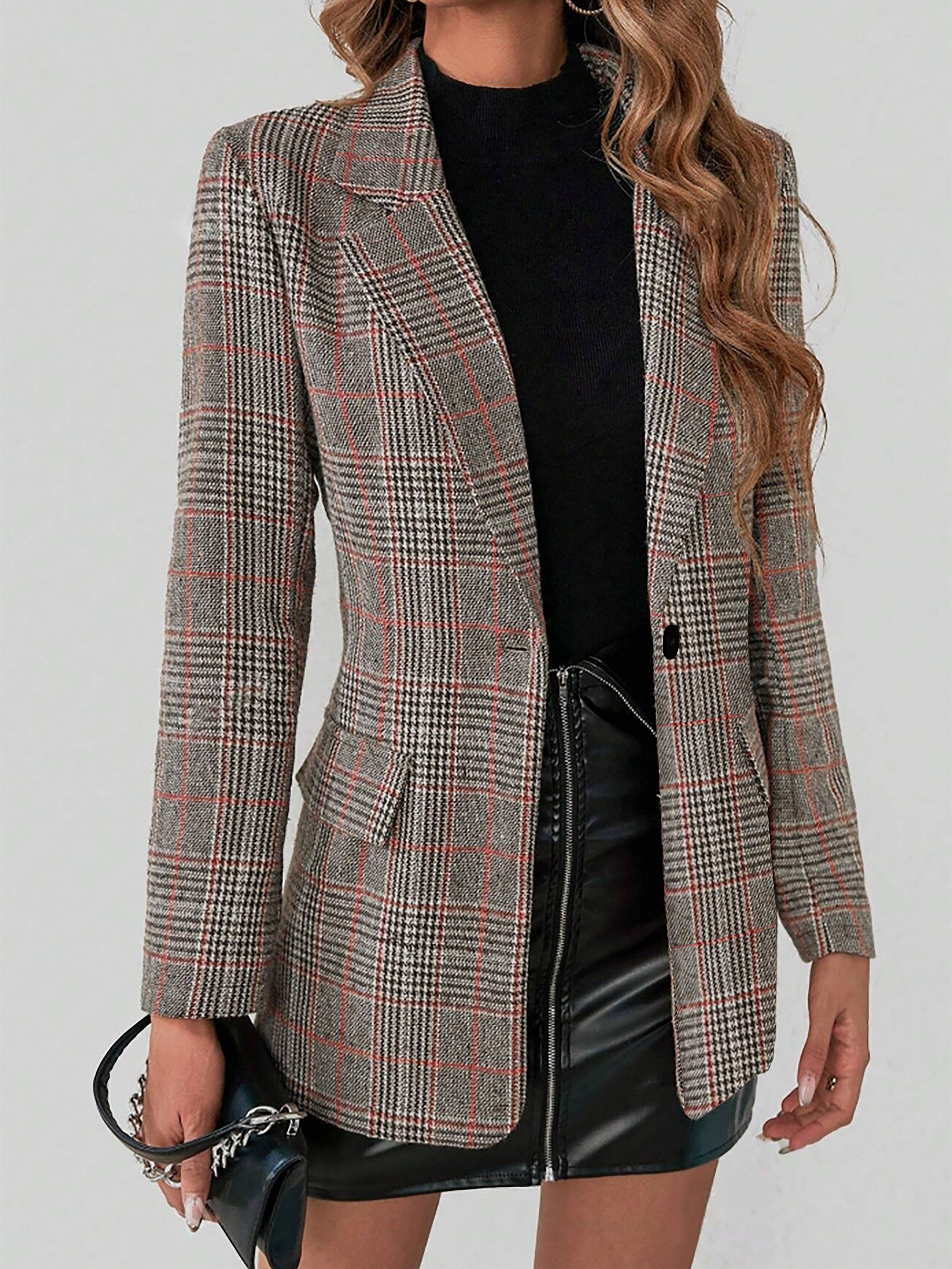Dames bruine geruite blazer, tailored fit - chique layering jasje van kwaliteit stof