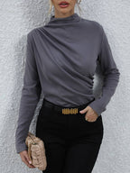 Chic grijze gedrapeerde top - casual dames blouse met lange mouwen