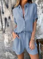 2-delig dames casual shirt en korte broek - luchtige zomerset met ontspannen pasvorm, ademende stof voor casual dagen