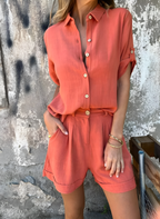 2-delig dames casual shirt en korte broek - luchtige zomerset met ontspannen pasvorm, ademende stof voor casual dagen