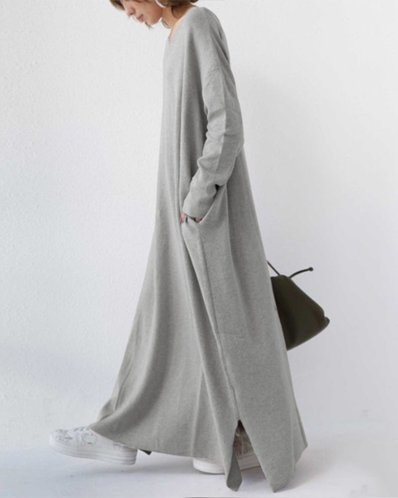 Dames oversized pullover jurk - gezellige casual wear - stijlvolle lange mouw v-hals maxi jurk voor dagelijks gebruik